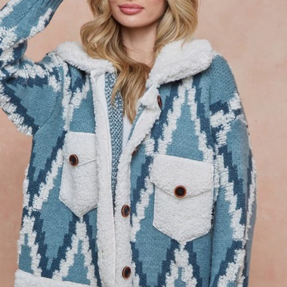 New Quilted Cardigan Sweater Coat / Women's Shacket Blue Western Boho Jacket - Picture 6 of 8